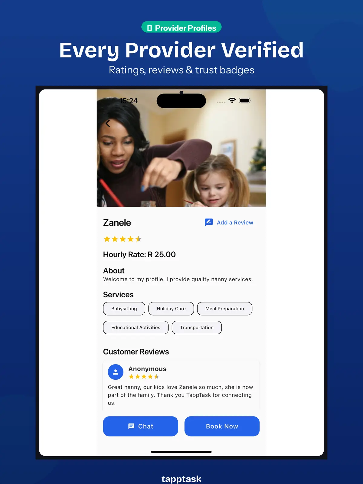 TappTask provider profile for Zanele, a nanny with a 4.5-star rating, hourly rate, services offered and a customer review