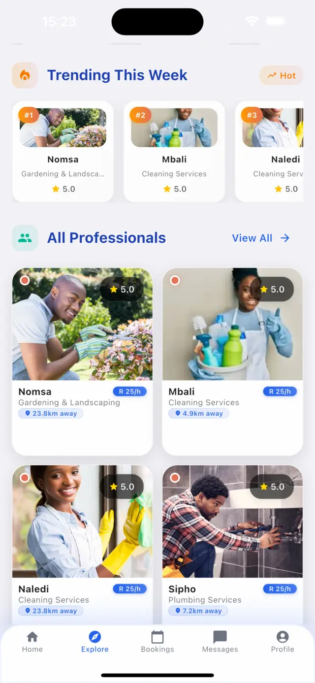 TappTask app showing trending service providers with ratings, rates and distance